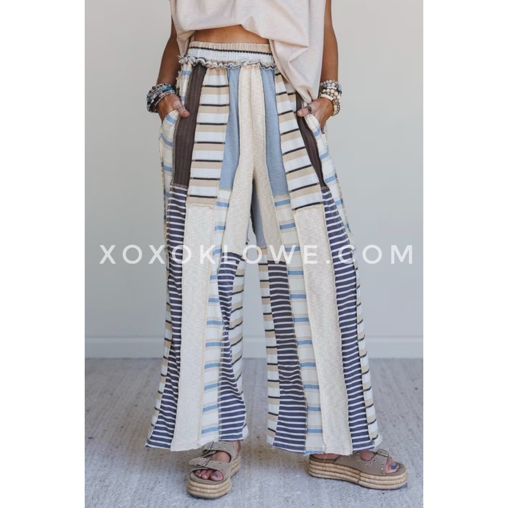 Oli & Hali Cream Blue Multicolor Striped Pants - Picture 1 of 10